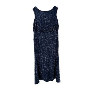 Davids Bridal Sequin Maxi Dress Navy Blue Size 1X Blouson Sleeveless Boat Neck